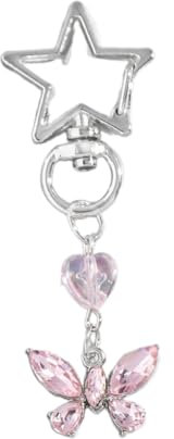 XAGMODSHN Handgefertigter Handy-Anhänger mit Perlen, tragbarer Schleife, Schlüsselanhänger mit Flügel, exquisites Herzschleife, Schlüssel-Zubehör, Rosa Schmetterling Penda, 6.85CM