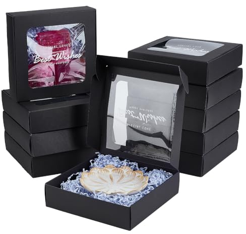 BENECREAT 10 st svarta minipapperslådor, PVC fönsterpresentaskar, fyrkantiga presentaskar för bröllopspresent, choklad, kakor och andra små hantverk, 15,7 x 16 x 4,5 cm