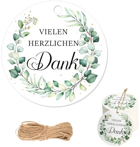 100 Stück VIELEN HERZLICHEN DANK Geschenkanhänger, 5.5cm Danke Anhänger | Dankeschön Geschenke Anhänger mit 20m Schnur,Eukalyptus Etiketten Anhänger für Babypartys,Hochzeiten,Feste,DIY Geschenke