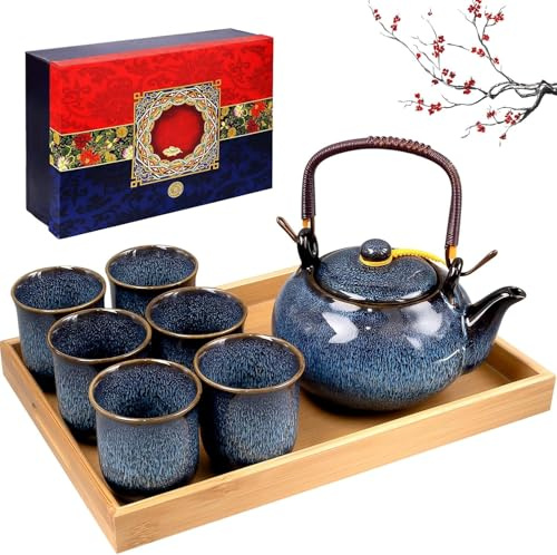 Japanisches Teeservice Set Chinesisches Teeservice Tragbares Kungfu Teeset | Japanische teetassen mit 1 Teekanne 6 Teetassen und 1 Tablett für Reisen zu Hause im Freien & Geschenkidee