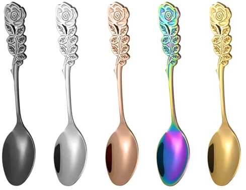 LaresDay Lot de 5 cuillères à café avec décoration délicate de roses - En acier inoxydable - Pour gâteaux, thé de l'après-midi, café et sucre - Cadeau élégant
