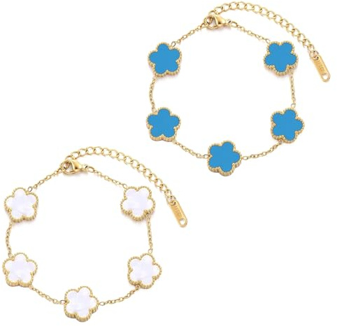 2 Stück Kleeblatt Armband,Kleeblatts Kette Kleeblatt Schmuck 18K Goldplattiertes Vierblättriges Kleeblatts Armband Luxuriöses, Modische Exquisite Freundschaft Glücksschmuck (Blau, Weiß)