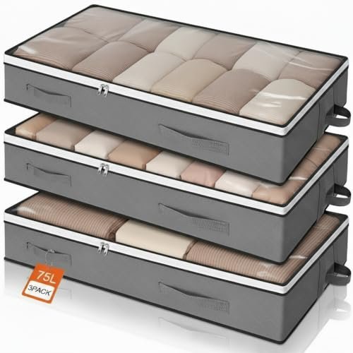 Romon Bolsas Almacenaje Ropa, 3 Piezas 75L Organizador Armario Cajas Cestas Plegable con Asa Reforzada para Guardar Ropa de Tejido Resistente y Ventana Transparente para Suéteres Abrigos Mantas, Gris