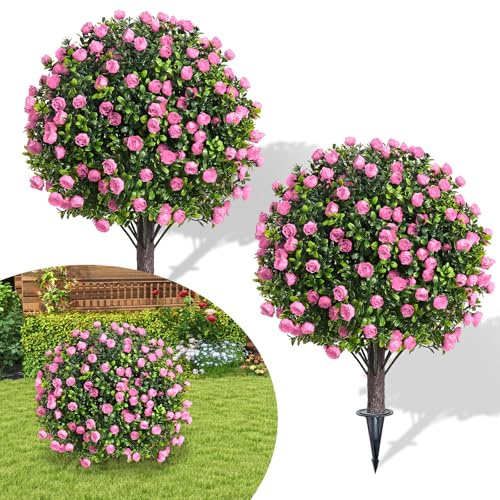 sykart 25.6 Artificial Topiary Ball Trees with Spike, 2 Pack UV Resistant Artificial Outdoor Shrubs Fake Bushes, Fake Plants Evergreen Tree for Outdoor Front Porch Decor (Pink Rose)
