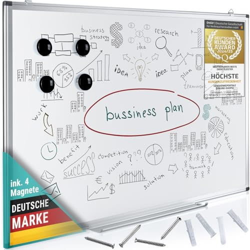 White-Board Magnettafel 90 x 59 cm, Schreibtafel Magnetisch & Abwischbar mit Stiftablage & 4 Memoboard Magnete; Must-Have Tafel für Schule, Büro & Zuhause