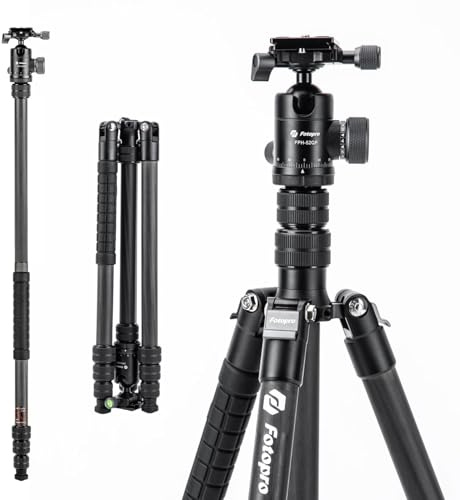 Fotopro 73 Carbon Fiber Tripod for Camera Compact Travel Tripod with Ball Head Detachable Monopod with Quick Release Plate and Camera Bag Load up to 22lbs/10KG X-Go Plus E2 Black