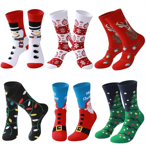 Lounwee Weihnachtssocken Herren Crew Socken: 6 Paar Lustige Weich Baumwolle Weihnachts Socken für Männer Freunde Familie Feiertag Size 39-46
