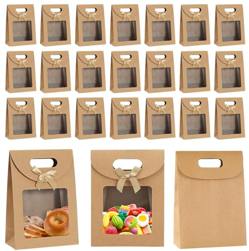24 Stück Braun Papiertüten mit Fenster, 16 נ12 נ6 cm Geschenktüten mit Griffen Geschenktüte zum Verpacken Gebäcktüten von Bankett Geschenken Süßigkeiten Keksen