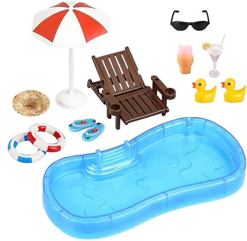 12 Stück Strand Miniatur Zubehör Set, Wichtel Zubehör Puppenhaus Deko mit Schwimmbad, Strandstuhl, Schwimmringe, Sonnenschirme, Ente Für DIY Pool Gartentisch, Topfpflanze und Tortendekoration