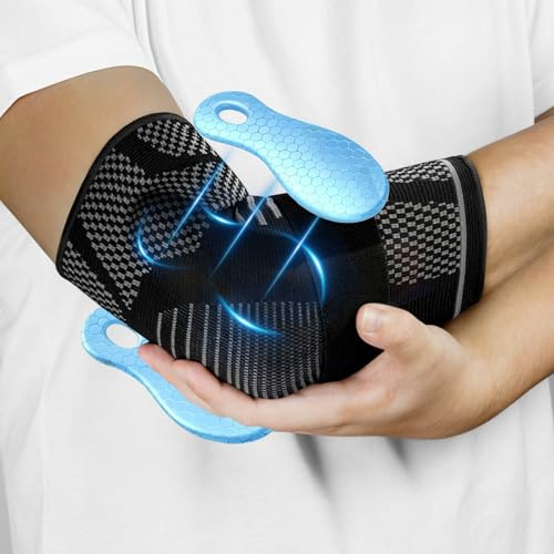 Fefod Armbågsbandage för kvinnor/män, tennisarmbandage för artrit seninflammation, justerbar kompression armbågsbandage med 2 gelkuddar, för sport, golfarm, höger/vänster, M