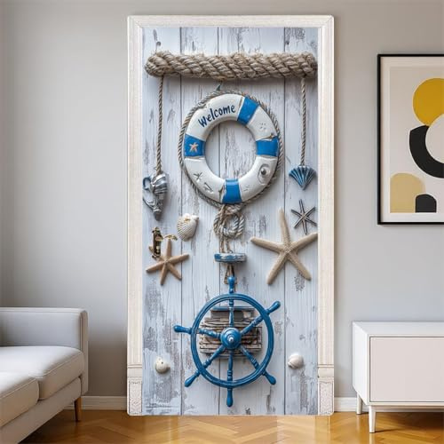 Türaufkleber selbstklebend 90 x 210 cm Seesterne und Muscheln PVC wasserdicht abnehmbar Türfolie Fototapete Weiß für Schlafzimmer Wohnzimmer Büro