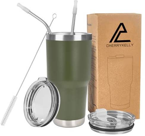 CherryKelly 30oz (850ml) Insulated Travel Tumbler Mug Stainless Steel Vacuum Coffee Cup with 2 Leak-Proof Lids & Straws, BPA-Free, Hot & Cold, Commute, Gym, Office - Army Green