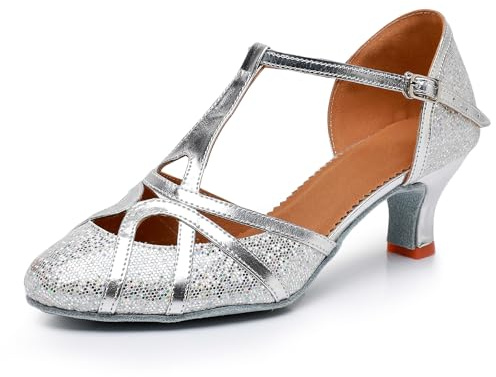 Rosefinch Donne Latino T-Strap Scarpe da Ballo Punta Chiusa Moda Salsa Tango Cha-Cha Sala da Ballo Performence Scarpe da Ballo Festa di Cerimonia Nuziale, Argento 5cm Tacco 34 EU