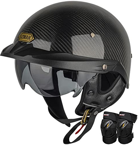 Casco Moto Mezzo Viso, Metà Aperto Faccia Casco Motociclo Con Occhialoni Ginocchiere, Casco Jet Vintage Demi Fibra Carbonio Caschi Cromwell Omologato ECE Casco Scodella Uomini Donne,Black-L(59~60cm)