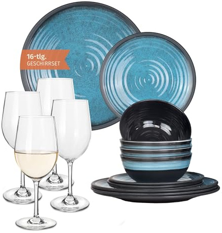 Vaisselle de camping en mélamine pour 4 personnes Bleu pierre + 4 verres à vin Tiamo Blanc