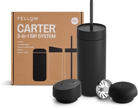 Fellow 16 oz Carter Bundle (3 in 1) Travel Mug with Slide-Lock, Move & Cold Lids with Reusable Straw, Ceramic Interior & Vacuum-Insulated Stainless Steel - Coffee Cups-Matte Black