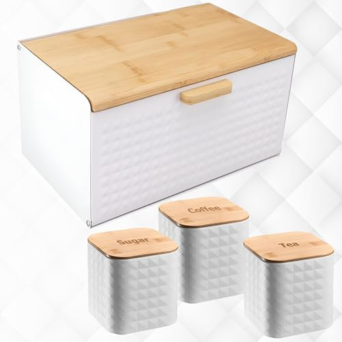 RLS White Set of 4 Tea, Coffee, Sugar canisters and Bread Storage Container Set (NEW-WL-N001 WL-1132-WHITE)