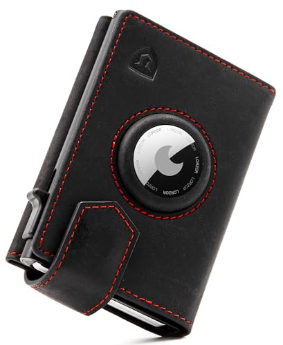 LORZOR® Design für Airtag Wallet, Slim Wallet mit Münzfach, Geldbörse Herren echtem Leder, RFID Blocker Portemonnaie, Portmonee Herren kartenetui Platz für 10 Karten, Geldbeutel (Schwarz rot)