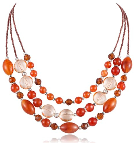 FULU AUTUMN Layered Statement Necklaces for Women Chunky Beaded Necklaces Costume Jewellery Valentines Gifts for Her(Red coffee)