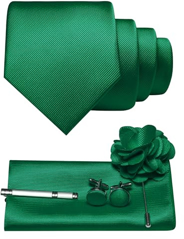 JEMYGINS Cravatta da uomo in twill monocolore, con gemelli quadrati tascabili, fermacravatta e spilla a fiori, set regalo per feste, affari, matrimoni, Verde, M