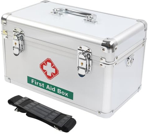 Gemsaya Erste Hilfe Koffer, Abschließbare Medizinbox Aufbewahrungsbox mit Tragegriff & Tragegurt, 31.5 x 18 x 18 cm, Metall Medikamenten Aufbewahrung Hausapotheke Box für Haus Schule Krankenhaus