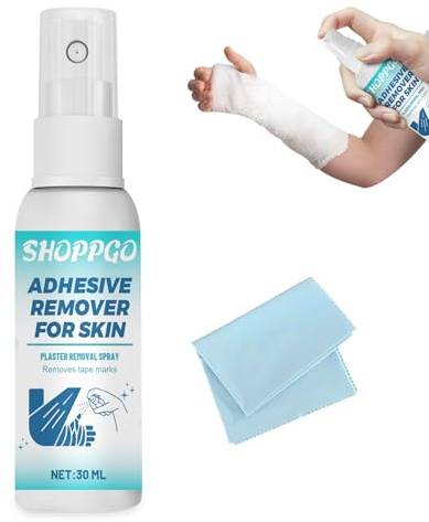SHOPPGO Adhesive Remover for Skin, Plaster Remover for Skin, Stoma Adhesive Remover Spray with a Small Towel, Bandages and Residual Glue, Silky Touch, Quick to Use, 30ml