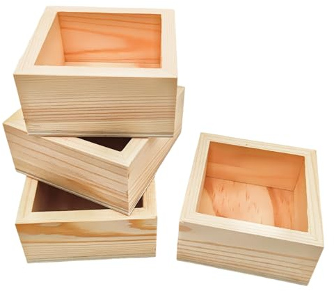 Anktily Set mit 4 kleinen quadratischen Holzboxen – dickwandig, 8 x 8 x 4 cm, unfertiger Bastelorganizer | Rustikaler Behälter aus natürlichem Holz für die Hausdekoration und