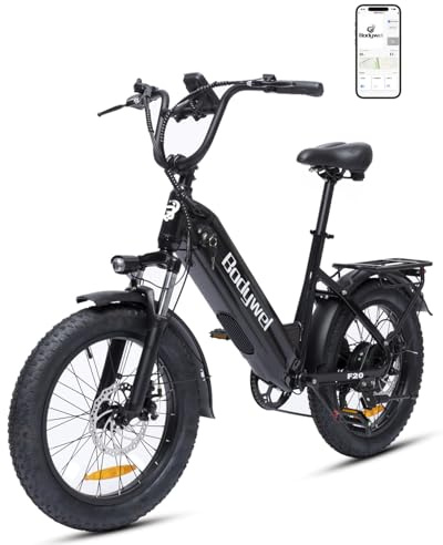 Bodywel F20 E Bike Herren Damen, 20x3.0“ E Fatbike Tiefeinsteiger Elektrofahrrad City Mountain,70-80km Reichweite, 48V 15Ah Akuu, 250W Heckmotor, 4,5“ LED Display, 7-Gang-Getriebe, Federgabel (Black)