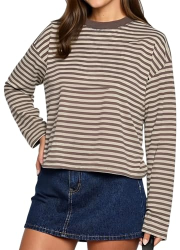 Springcmy Femmes Y2k Chemise Rayée à Manches Longues Épaules Tombantes Col Rond Sweatshirt Automne Hiver Fairy Grunge Preppy Pull Hauts Streetwear, B-marron., M