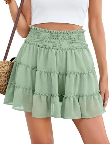 PASUDA Faldas Mujer Verano Mini Elegante Ligeros Fluido Minifalda Sueltos Cintura Alta Elástica Casual Corta Falda de Playa Comodo Fresco con Short Forro