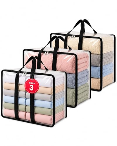 unycos - Cajas para Almacenaje de Ropa x 3【90L】 Bolsas Organizadoras Transparentes de PVC, Plegables con Asas Reforzadas y Cremallera Bidireccional para Suéteres, Abrigos, Mantas (60 x 35 x 43 cm)