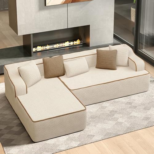 ALPHA HOME Modulares Sofa 104 4-Sitzer Sofa mit 5 Kissen Ecksofa Polstersofa aus Cordstoff, Modern Couch Stoffsofa Loungesofa fürs Wohnungen Wohnzimmer Schlafzimmer Eingangsbereich Büro, Beige