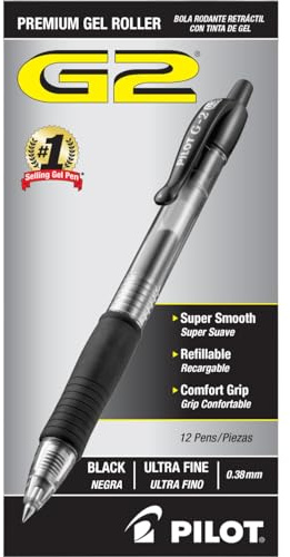 Pilot G2 Premium Refillable and Retractable Rolling Ball Gel Pens, Ultra Fine Point, Gel Ink Pens, 0.38mm, Black Ink, 12-Pack