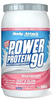 Body Attack Power Protein 90, Lampone, 1 kg, 5K proteine in polvere con proteine del siero di latte, L-carnitina e BCAA per la costruzione muscolare e il fitness