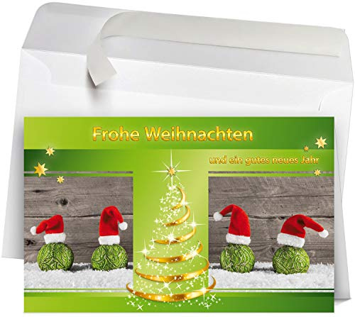 50 Premium Weihnachtskarten mit Umschlag Set für Firmen | hochwertige Klappkarten 19 x 12 cm groß, Team Weihnachtsbaum Mützen grün