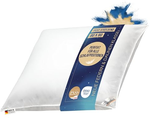 Sympathica Premium Kopfkissen | 1100g Neue weiße 15% Daunen + 85% Neue Federn Klasse 1 | 80x80 cm | 60° Wäsche | allergikergeeignet | Daunenpass | Oeko-TEX-Zertifiziert | ohne Lebendrupf