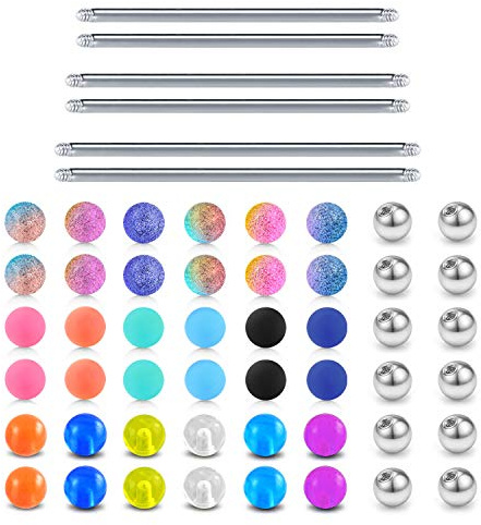 D.Bella 16G 14G Piercing Barra Industrial Púas y Bolas de Repuesto para Piercing Bola de Acrílico Piercing Joyería 32 mm 35 mm 38 mm Longitud Acero Inoxidable plata 6 palos y 48 bolas