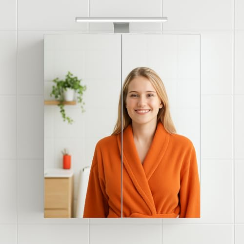 HAPA Design Premium Aluminium-Spiegelschrank-mit-Beleuchtung-und-Steckdose-60-cm – Einfache Montage, LED-Leuchte, 2-Türen-doppelt-verspiegelt, robuster, langlebig. (60x60x14,5cm)