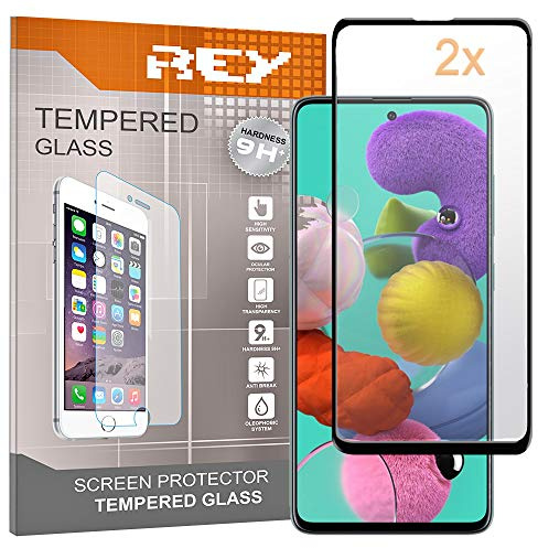 REY Pack 2X 3D Bildschirmschutz aus gehärtetem Glas für Samsung Galaxy A51, Schwarz, Displayschutzfolie 9H+ Härte, Anti-Kratzen-Öl-Bläschen, Voller Schutz, 3D, 4D, 5D