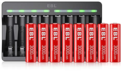 EBL AA Akkus 8 Stück 1,5V 3000mWh & AA wiederaufladbare Batterien mit M7012 Akku Ladegerät, Schnell Ladegerät mit LED Anzeige, Micro-USB-Anschluss, USB Input 5V 2A