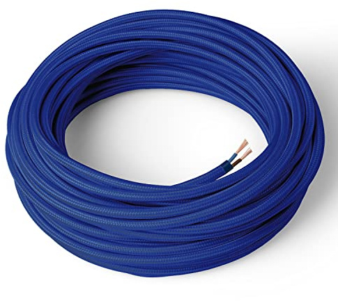 Amarcords - Câble électrique textile couleur BLEU, rond, soie, 3 mètres, à 2 brins 2x0,75 - Fil vintage en tissu coloré, pour lampes, lustres, appliques et abat-jours.