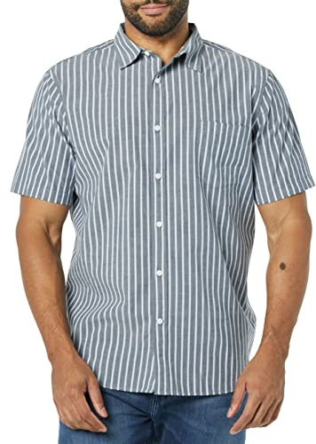 Amazon Essentials Camicia in Popeline a Maniche Corte Slim Uomo, Blu Marino Bianco Righe, L