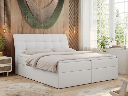 MKS MEBLE Boxspringbett 180x200 Weiß Kunstleder, Bett mit Multipocket Matratze H4 und Topper T25, Polsterbett 120x200 mit Bettkasten und Kopfteil, DIEGOS