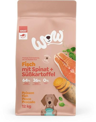WOW Trockenfutter Adult mit Lachs, 12kg I Hundetrockenfutter für ausgewachsene Hunde Aller Rassen I Beste Qualität mit viel Fisch und Spinat I getreidefrei & hohe Verträglichkeit