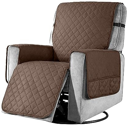 Recliner Chair Cover Pad with 6 Side Pockets, Reclining Chair Adjustable Soft Non-slip Buckles Protective Armchair Sofa Cushion Protector for Home with Children and Pets Dog (Small, Dark Brown）