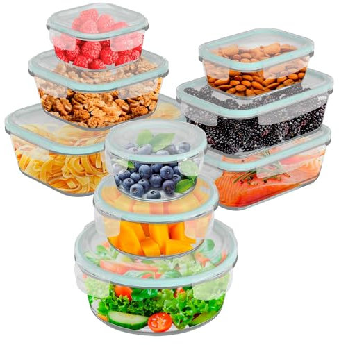 edihome, Recipientes de Cristal para alimentos, 18 Piezas (9 recipientes + 9 tapas), para Comida Hermetico, Apto para lavavajillas, congelador, microondas, sin BPA (9 Recipientes)
