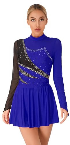 TiaoBug Eiskunstlauf Kleid Damen Eislaufen Rollschuh Kleid Langarm Ballettkleid Tanzkleid Gymnastik Turn Bekleidung gr. S M L XL XXL Königsblau M L