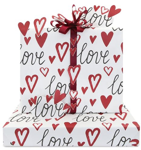 Liebes-Geschenkpapier, Hochzeits-Geschenkpapier mit rotem Herz und Band, flach gefaltet, 4 Blatt 50 x 70 cm pro Blatt für Hochzeiten, Brautpartys, Verlobungen, Valentinstag, Jahrestag oder Geburtstag