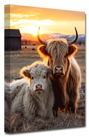 CXHOSTENT Highland Cow Canvas Wall Art Farmhouse Wall Decor Rustic Farm Animal Painting Cattle Picture Prints for Bathroom Kitchen Decor Framed (Cow-1, 30.00 x 45.00 cms)