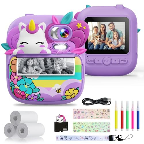 Appareil Photo Instantané Enfant, TIATUA 2,4 Écran 1080P HD Appareil Photo Numérique Enfant avec Carte 32GB et Papier Photo Imprimé, Stylos Colorés, Cadeau pour Filles Garçons 3-12 Ans